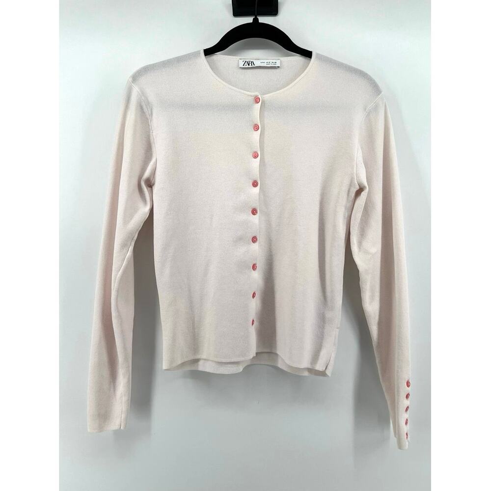 Zara Pink Button Front Cardigan Size M Crewneck Button Cuffs